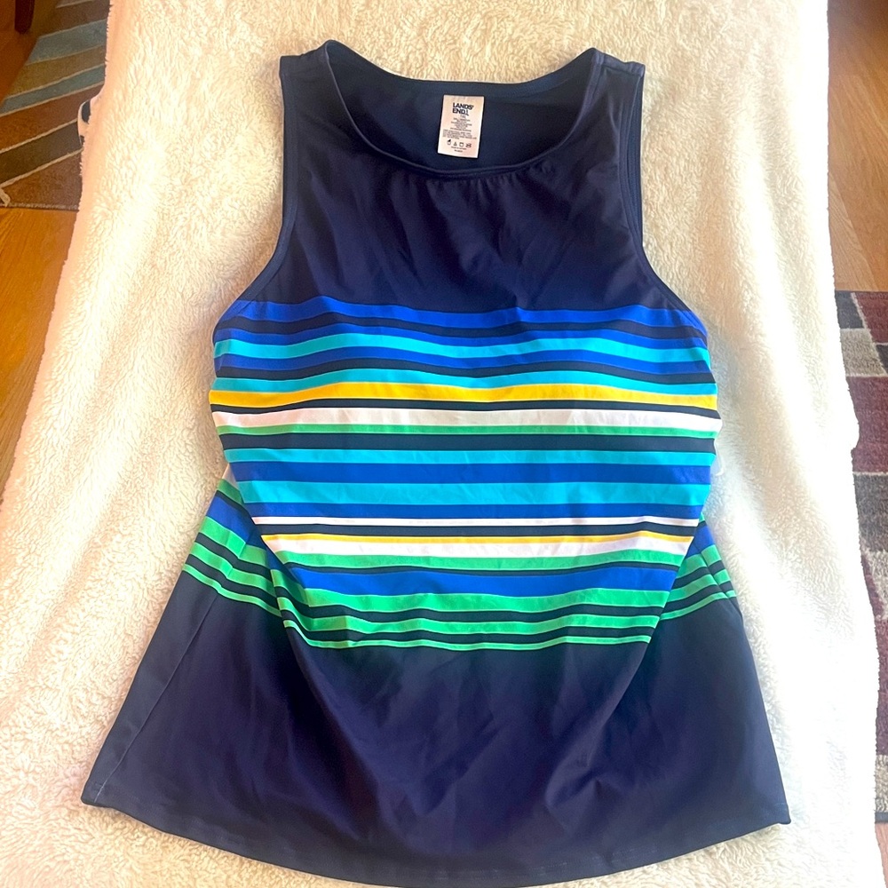 Lands' End High Neck Modest Tankini Top. Navy w/Multicolor stripes. Size 16L NWT